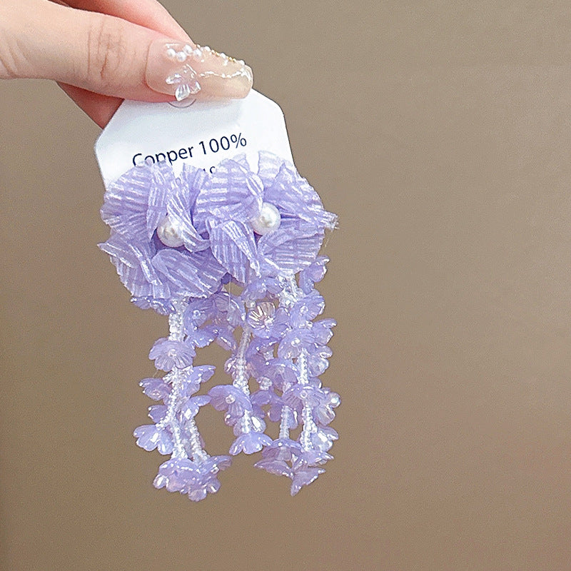 Wholesale Fabric flower super fairy handmade beaded fairy small fresh flower silver needle earrings