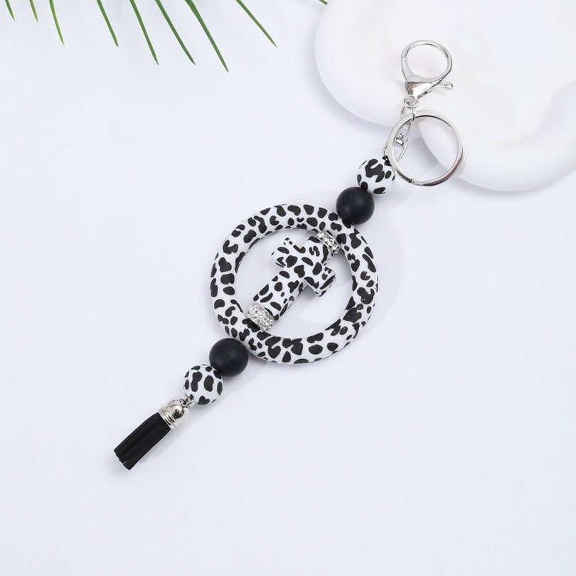 Wholesale Silicone Circle Beaded Ring Cross Printed Keychain