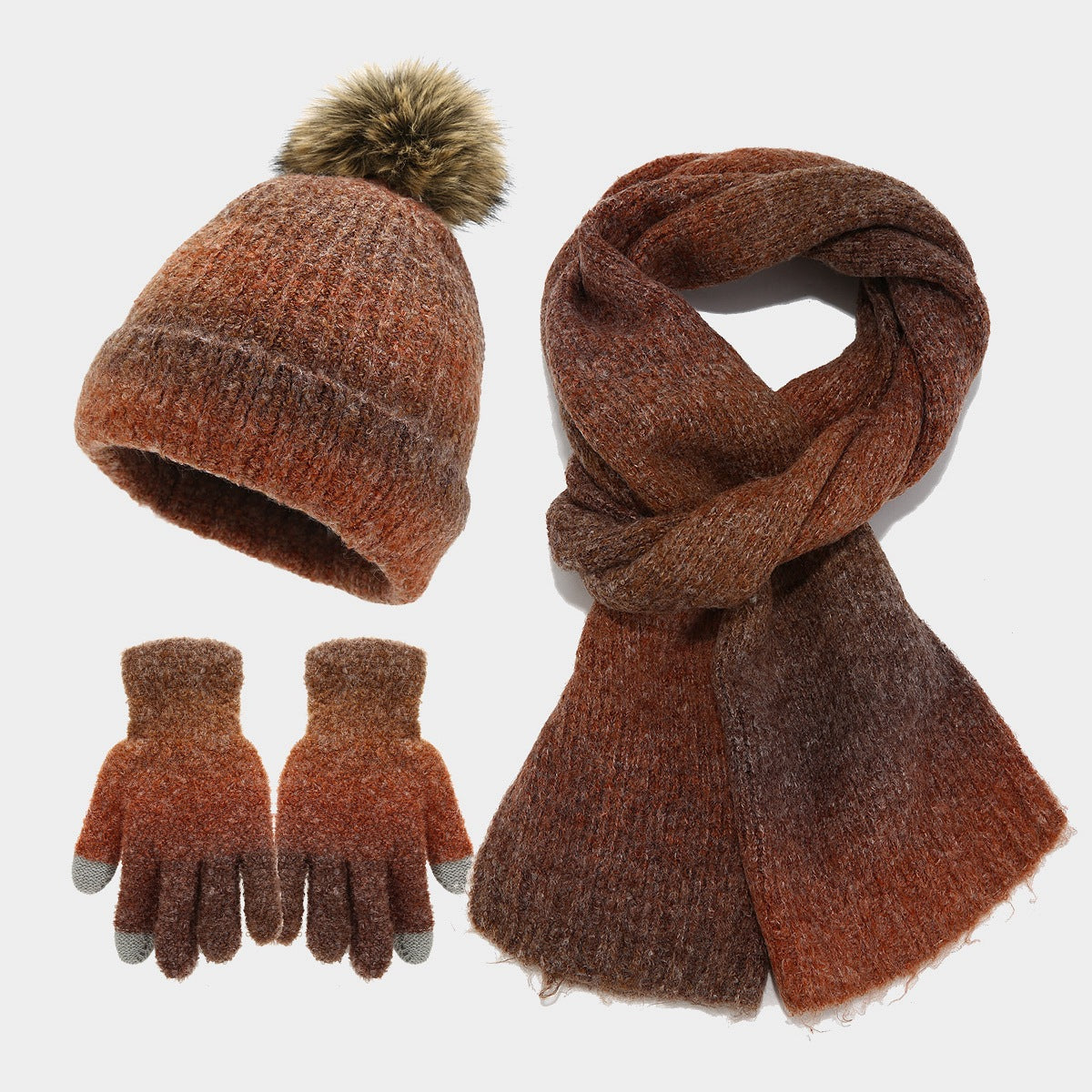 Wholesale Tie-dyed Wool Hat Scarf Gloves Three-piece Set Fashion Wool Ball Knitted Hat Set
