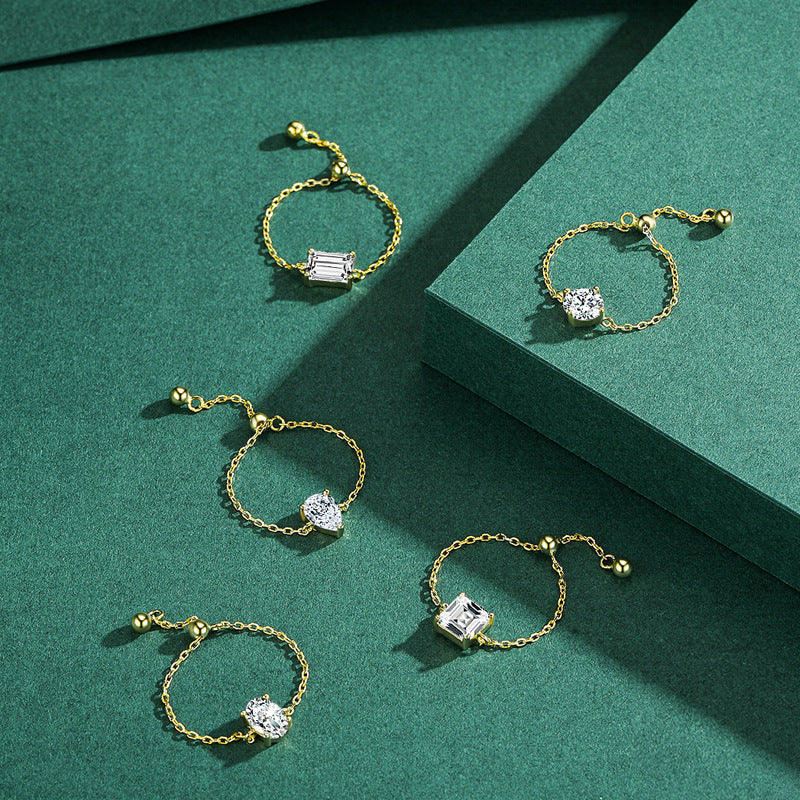 Wholesale S925 Silver Inlaid Simulated Zircon Adjustable Ring Chain