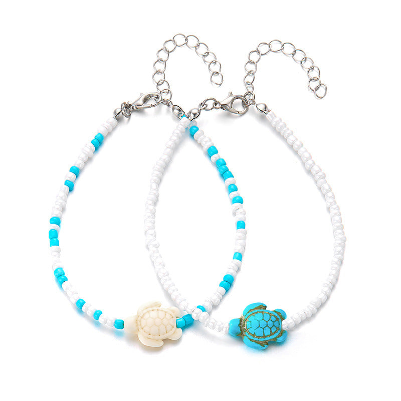 Wholesale Vacation Ocean Style Rice Pearl Stacked Starfish and Turtle Anklet