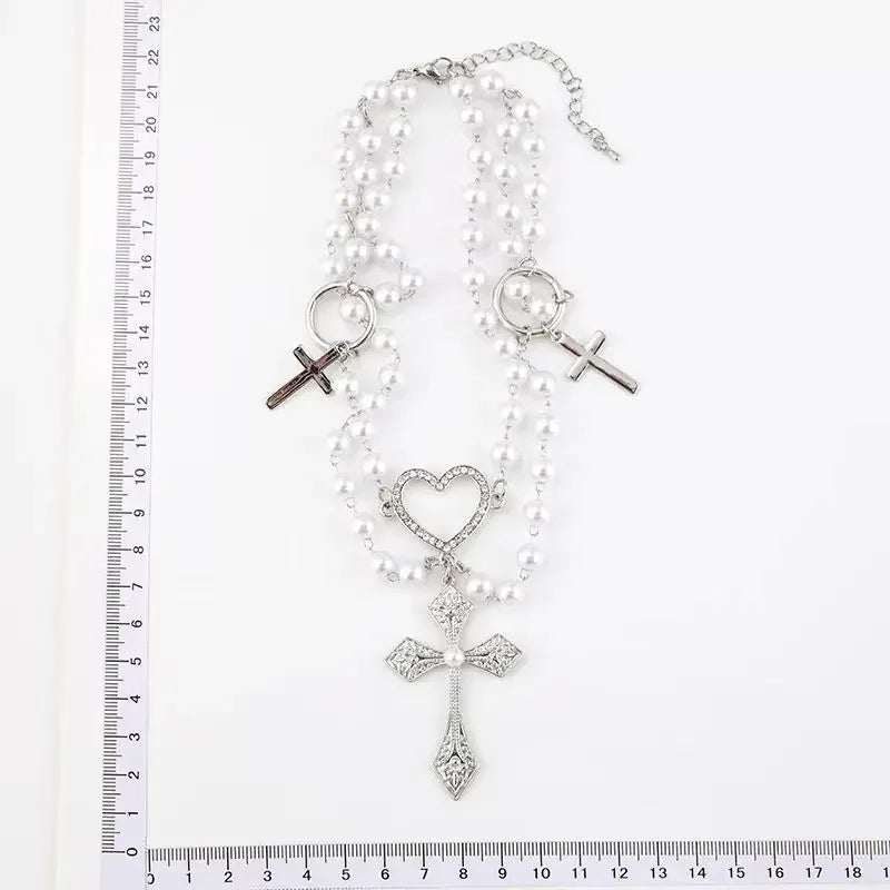 Wholesale Pearl and diamond heart cross retro hip-hop necklace