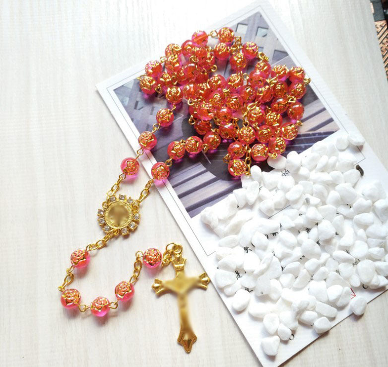 Wholesale Hand-strung Long Sweater Chain with Blue Gilt Rose Beads