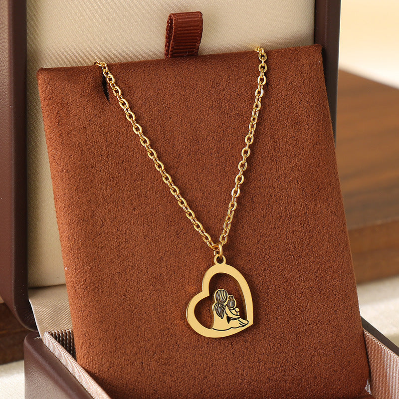 Wholesale Mother' s Day Diamond studded Hollow Moon Love Stainless Steel Necklace