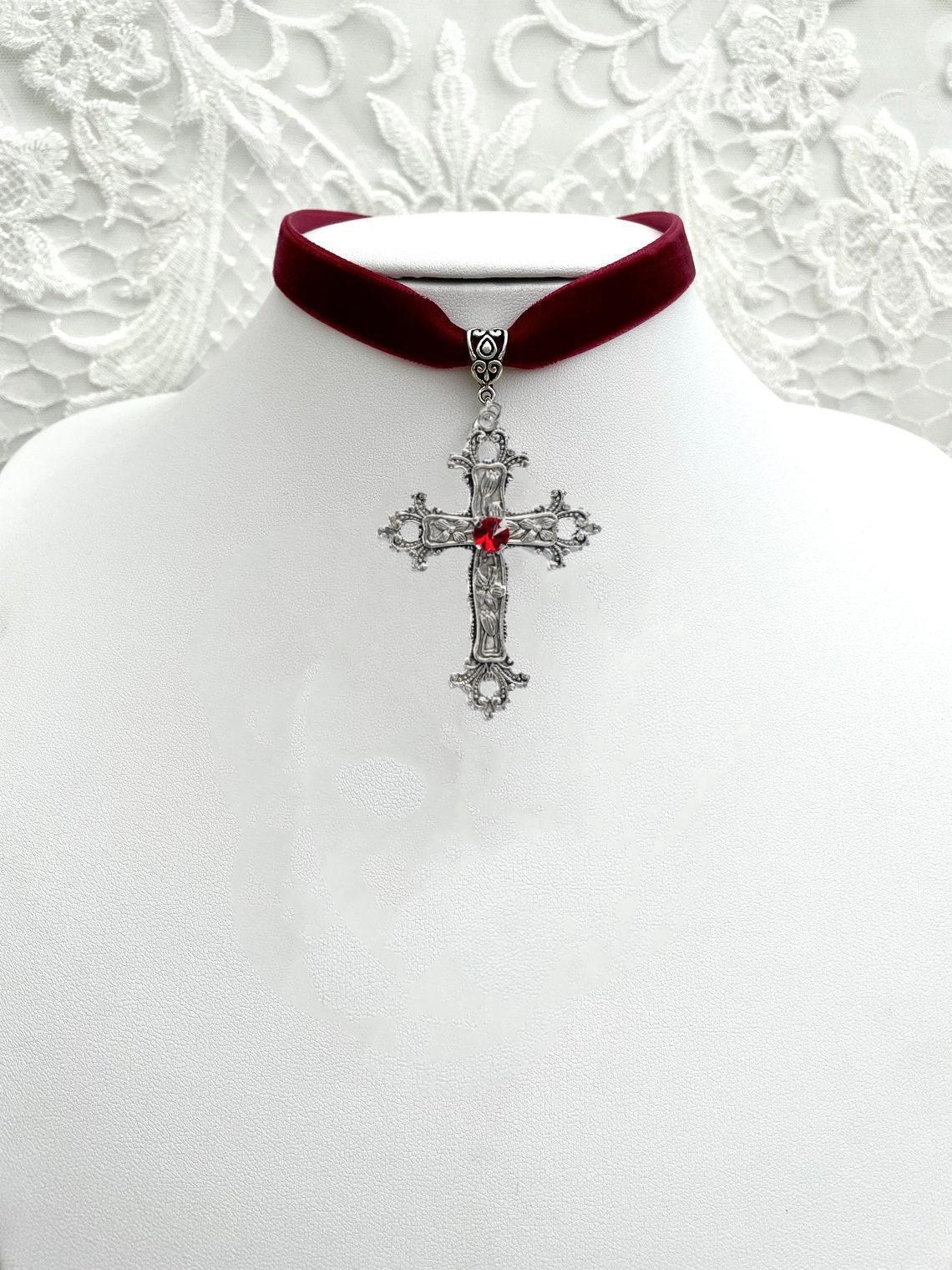 Wholesale Dark Gothic Cross Velvet Punk Necklace