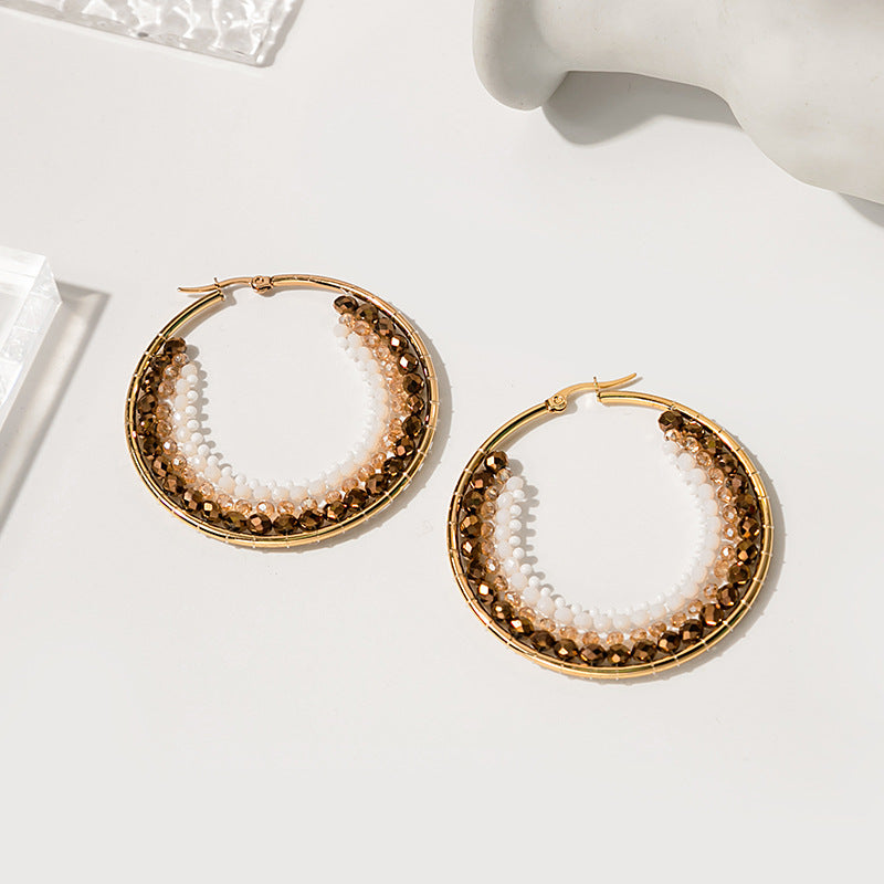Wholesale Geometric Circle Hand Stitching Pearls Stainless Steel Earrings