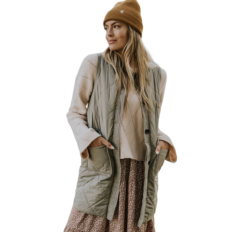 Wholesale Autumn and Winter Solid Color Long Style with Pockets for Women Polyester Vest