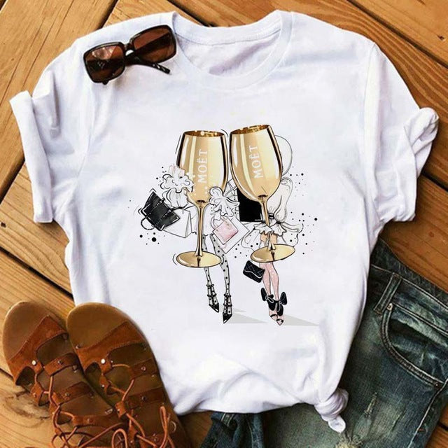 Whoelsale Valentine's Day Polyester High Heels, Wine Glass Printed Women's Short Sleeved T-shirt