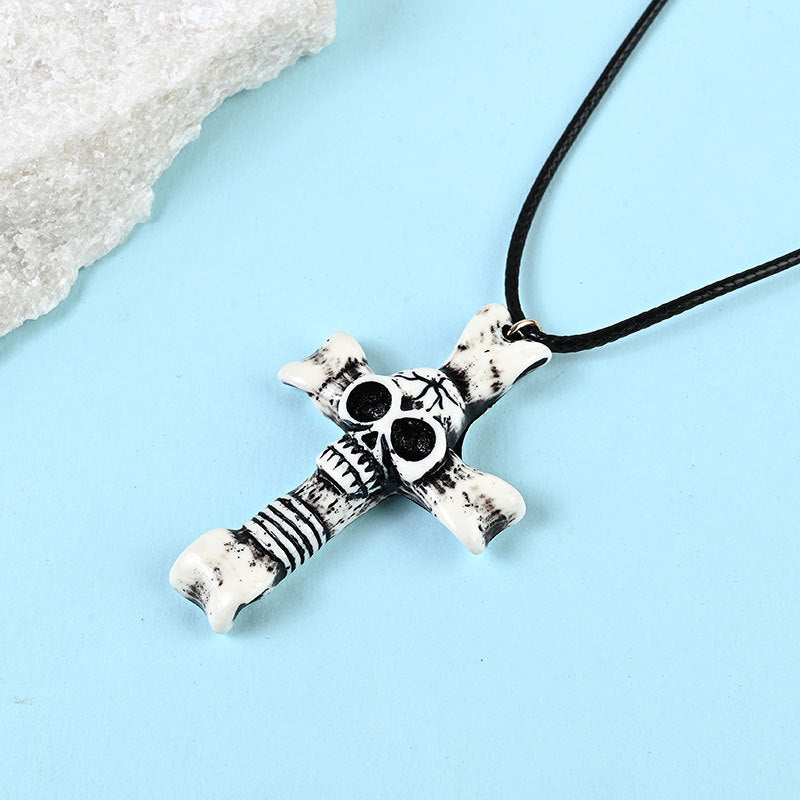 Wholesale Wooden Cross Halloween Skull Resin Necklace