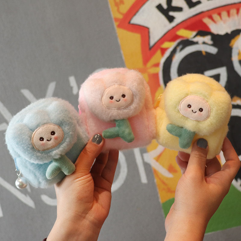 Wholesale Three-dimensional Backpack Type Plush Flower Smiley Mini Coin Purse  Wallet