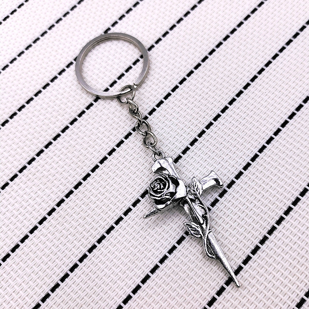 Wholesale Goth Rose Cross Keychain