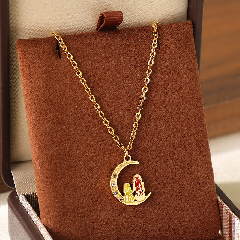 Wholesale Mother' s Day Diamond studded Hollow Moon Love Stainless Steel Necklace