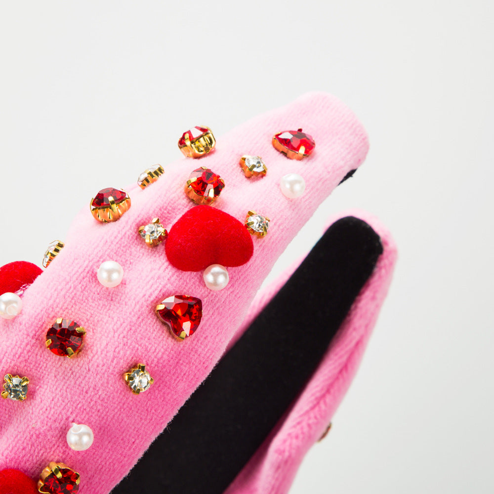 Wholesale Valentine's Day Series Pink Velvet Diamond and Pearl Love Headband