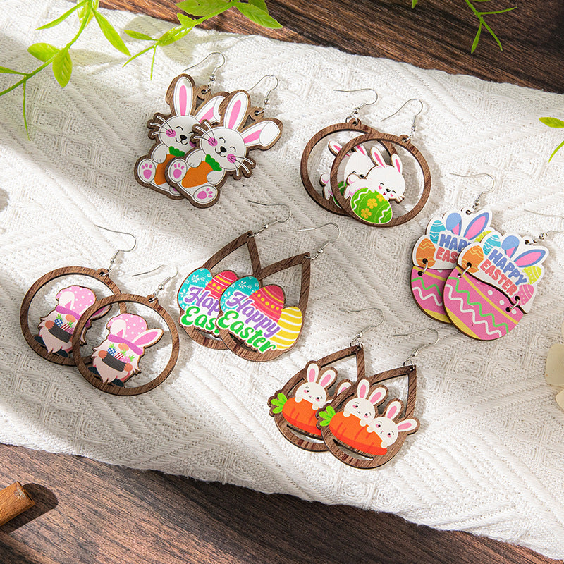 Wholesale Easter cartoon rabbit Easter egg Wood Earrings
