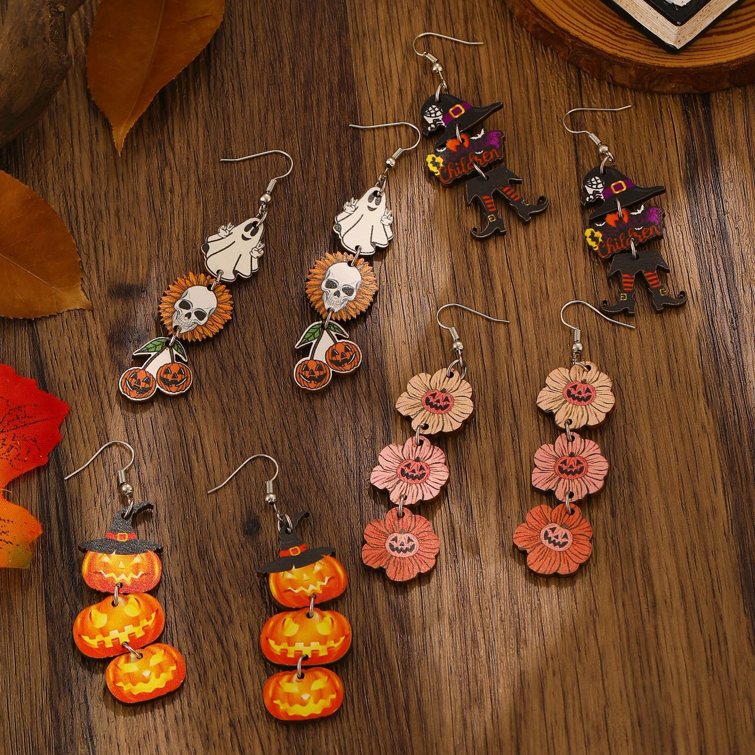 Wholesale Halloween Printed Colorful Pumpkin Skull Ghost Gift Creative Splicing Wooden Earrings
