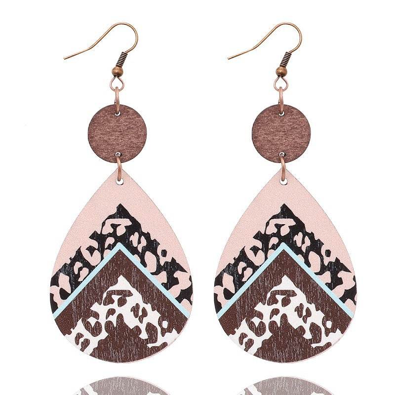 Wholesale Vintage Leopard Print Leather Wood Chip Teardrop Earrings