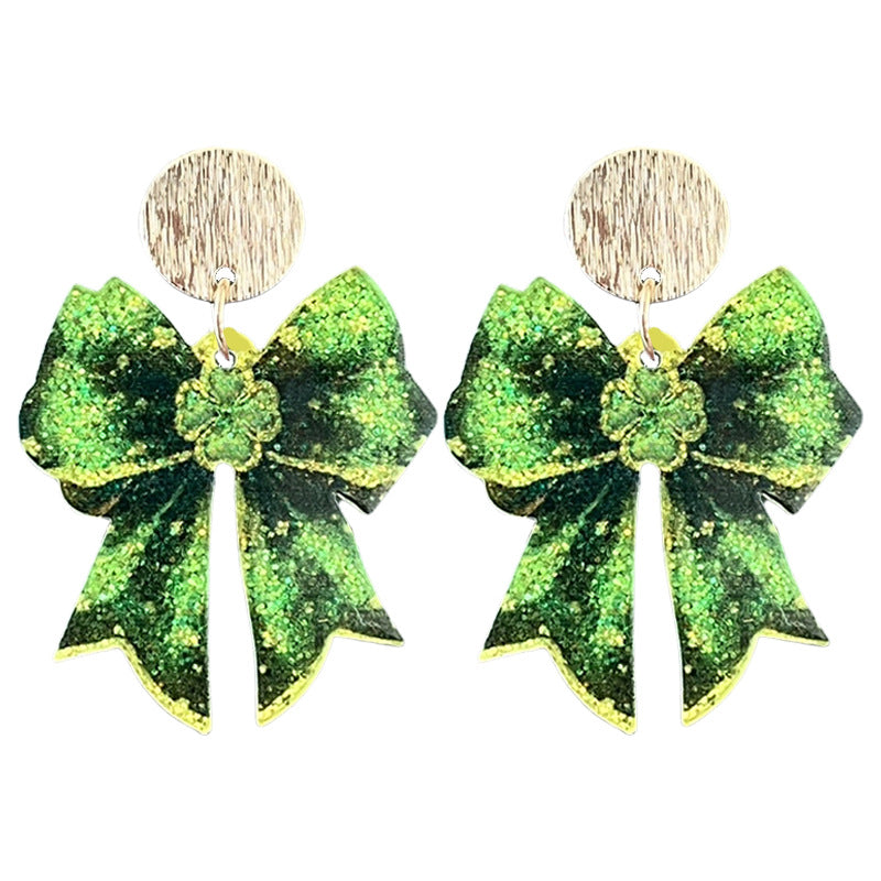 Wholesale  2pairs/pack  St.  Patrick' s Day Acrylic Sparkling Boots Bow Element Earrings