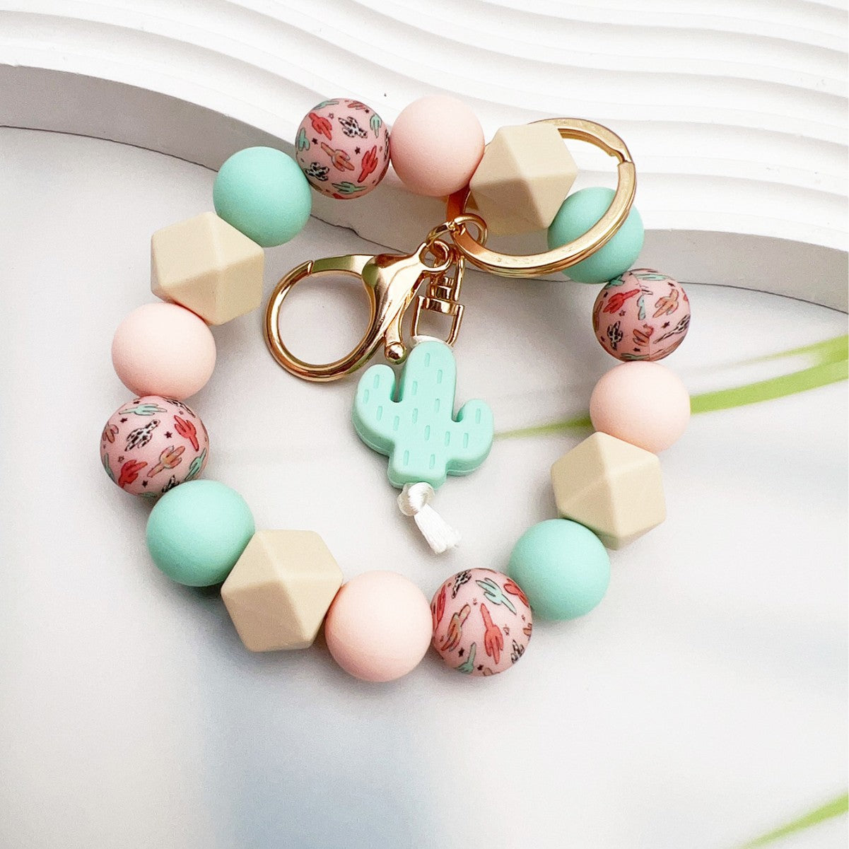 Wholesale Silicone Cactus Printed Silicone Beads Beaded Keychain Bag Key