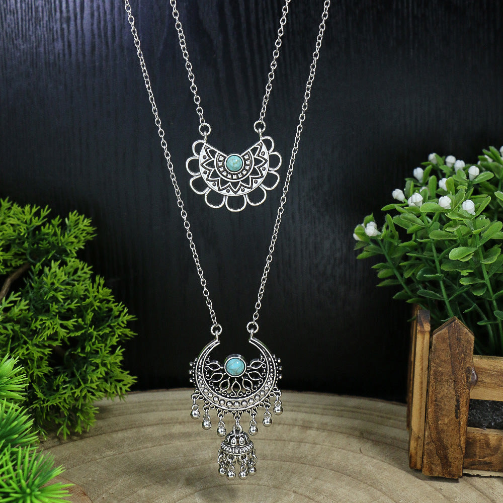 Wholesale Ethnic Style Multi-layered Geometric Flower Pendant Turquoise Long Alloy Necklace