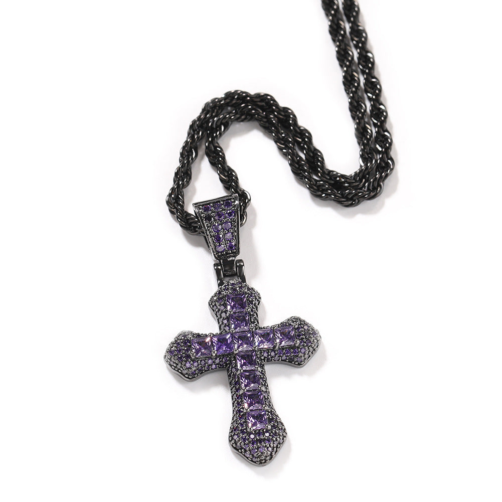Wholesale Blue zircon colorful cross pendant men' s necklace