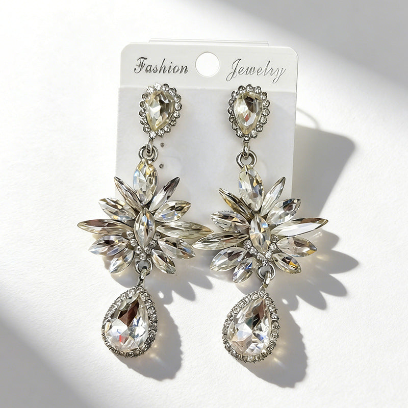 Wholesale Glass Flower Crystal Teardrop Full Diamond Earrings