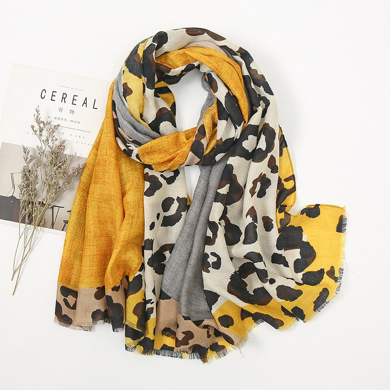 Wholesale Leopard Print Cotton and Linen Dual Color Scarves