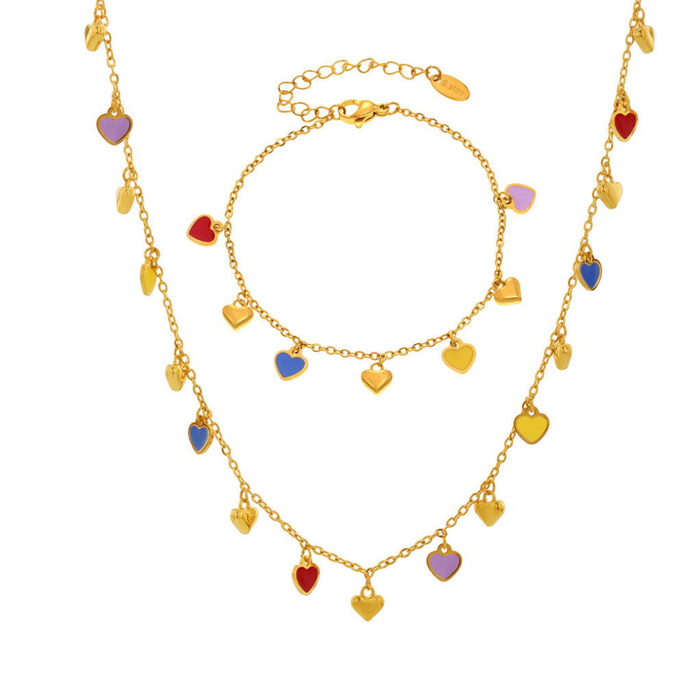 Wholesale Colorful oil dripping love pendant accessories clavicle chain bracelet stainless steel set