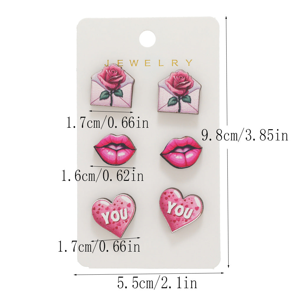 Wholesale Valentine's Day Love Rose Set Wooden Earrings