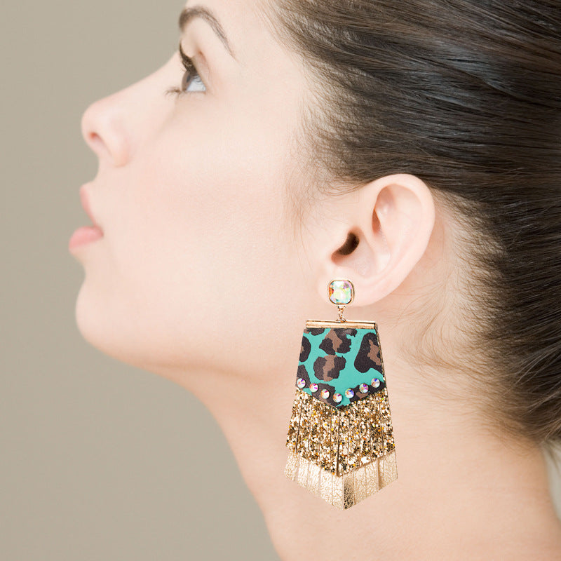 Wholesale Exaggerated leopard leather earrings with diamond tassels double-layer earrings