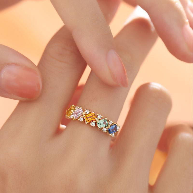 Wholesale Rainbow Series Inlaid Colored Sapphire Bronze Rings