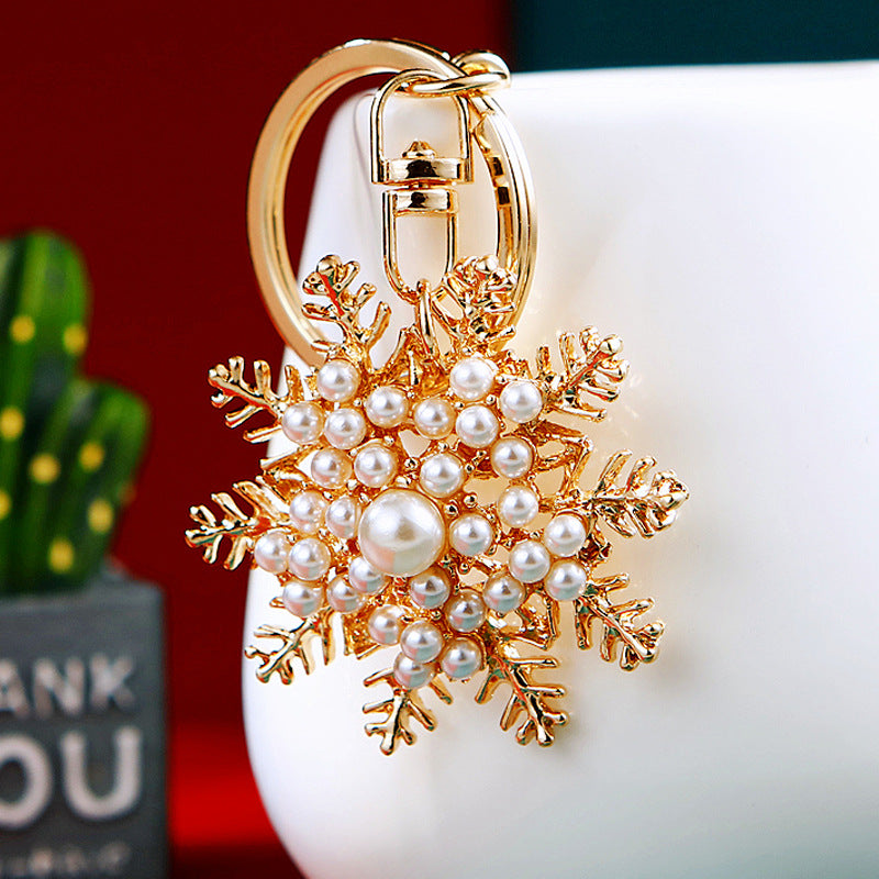 Wholesale Diamond Inlaid Christmas Snowflake Pearl Metal Keychain