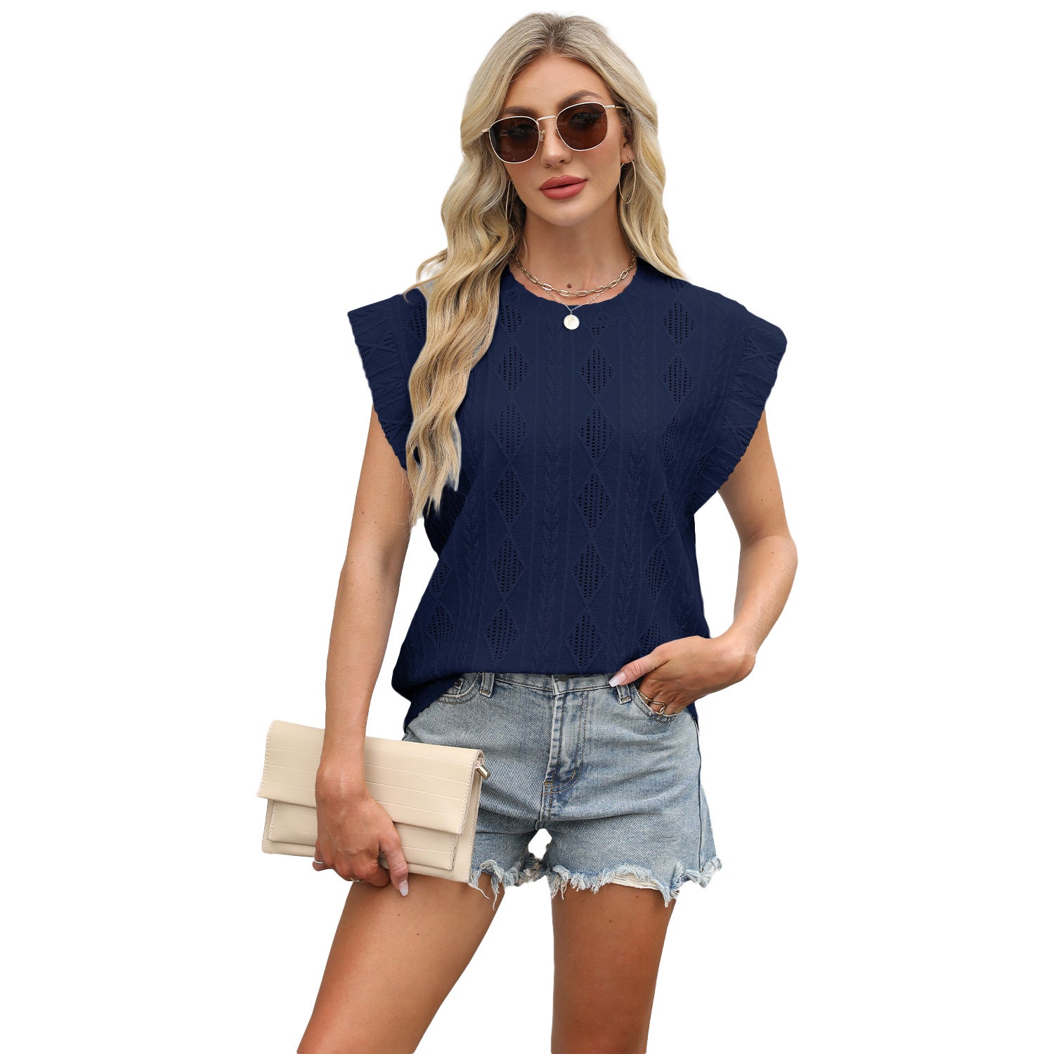 Wholesale spring and summer new round neck loose short sleeve T-shirt jacquard jacket vest women