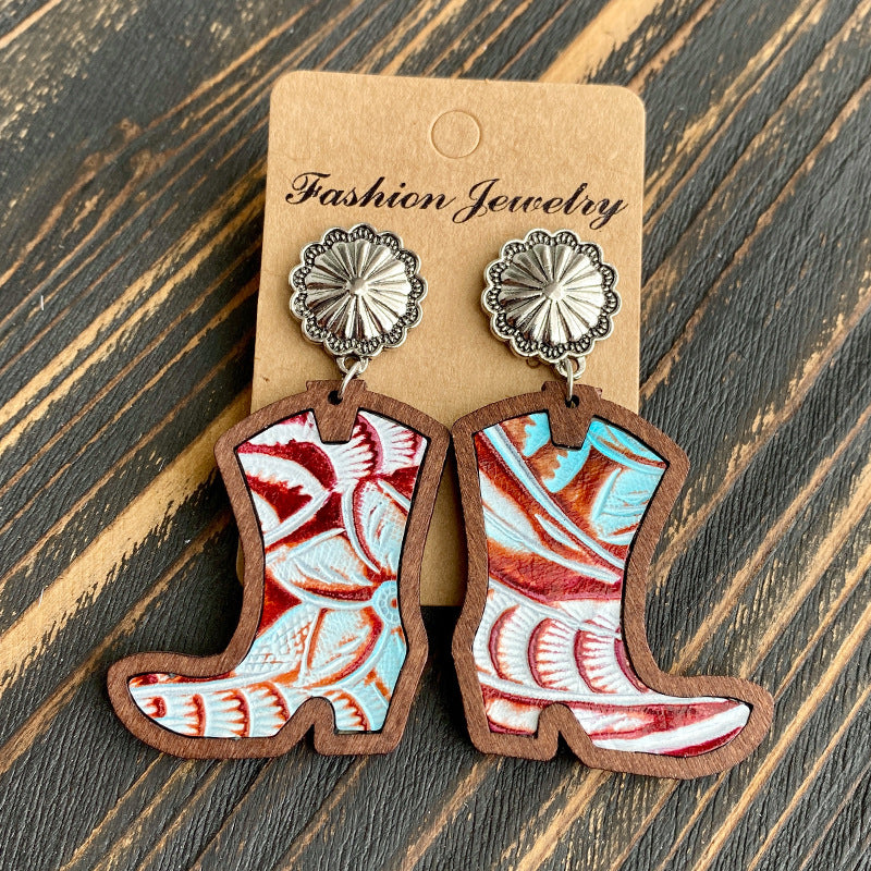Wholesale Western style denim boots with leopard print inlaid wooden earrings
