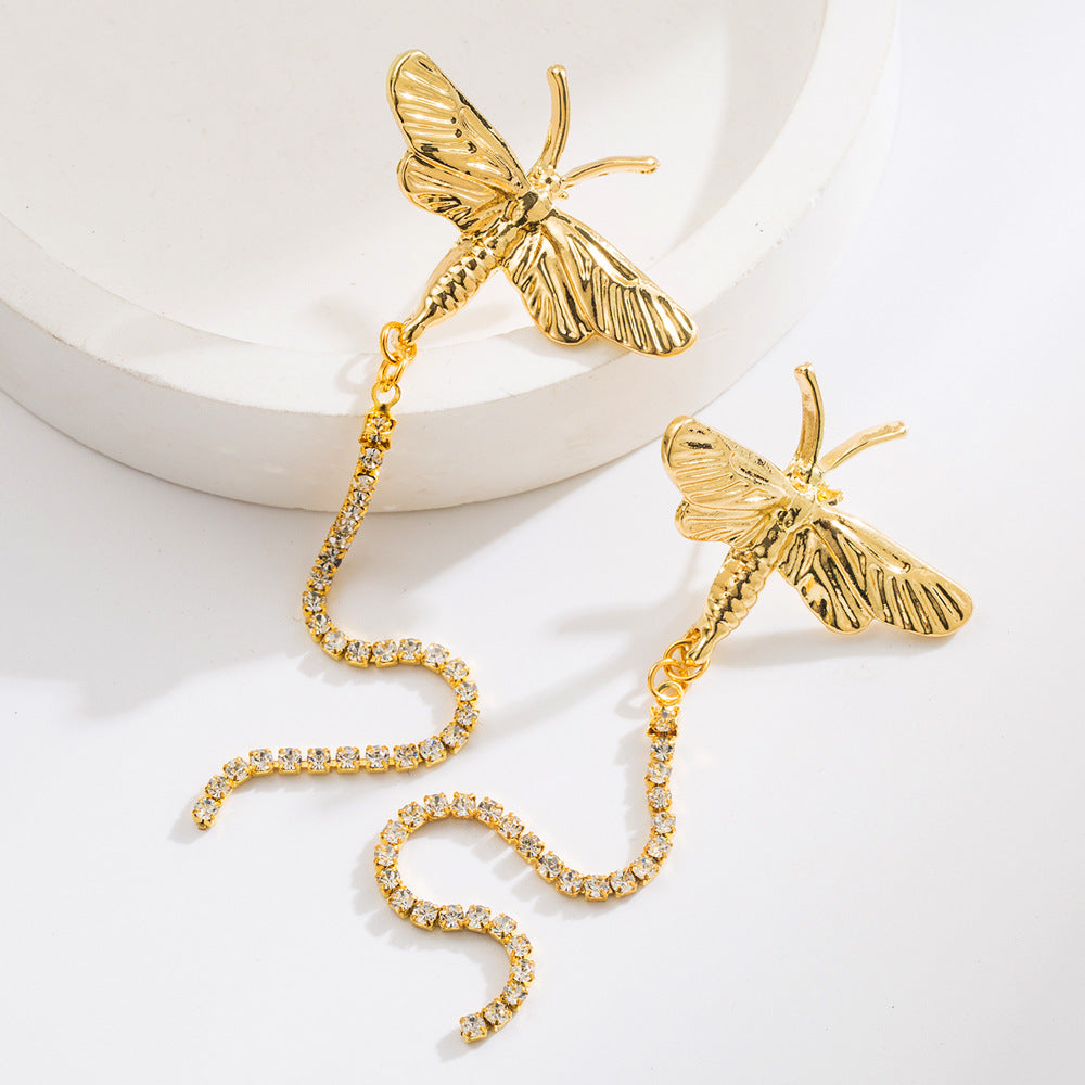 Wholesale Vintage Dragonfly Diamond Tassel Long Earrings