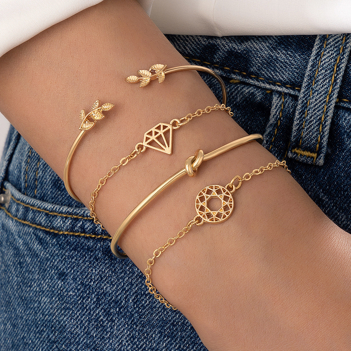 Wholesale Vintage Leaf Knotted Hollow Geometric Bracelet Set