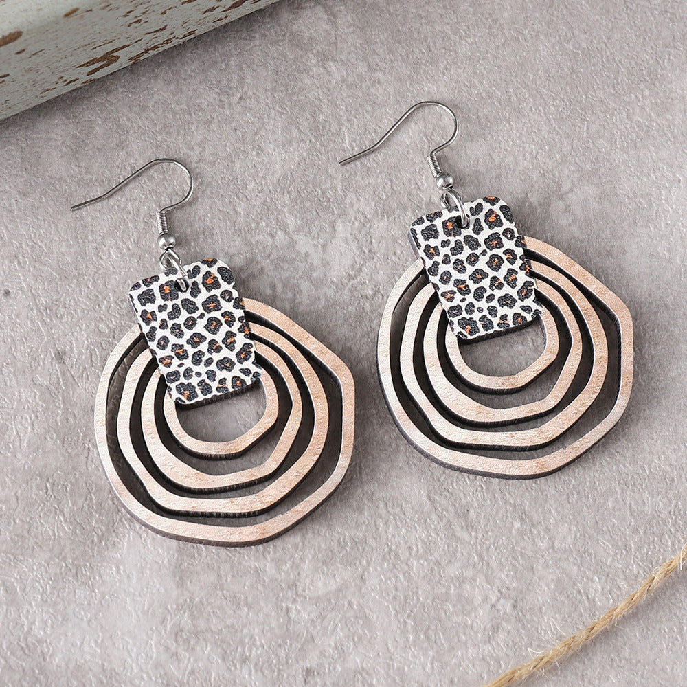Wholesale Bohemian Gradient Hollow Pendant Wooden Double-sided Earrings