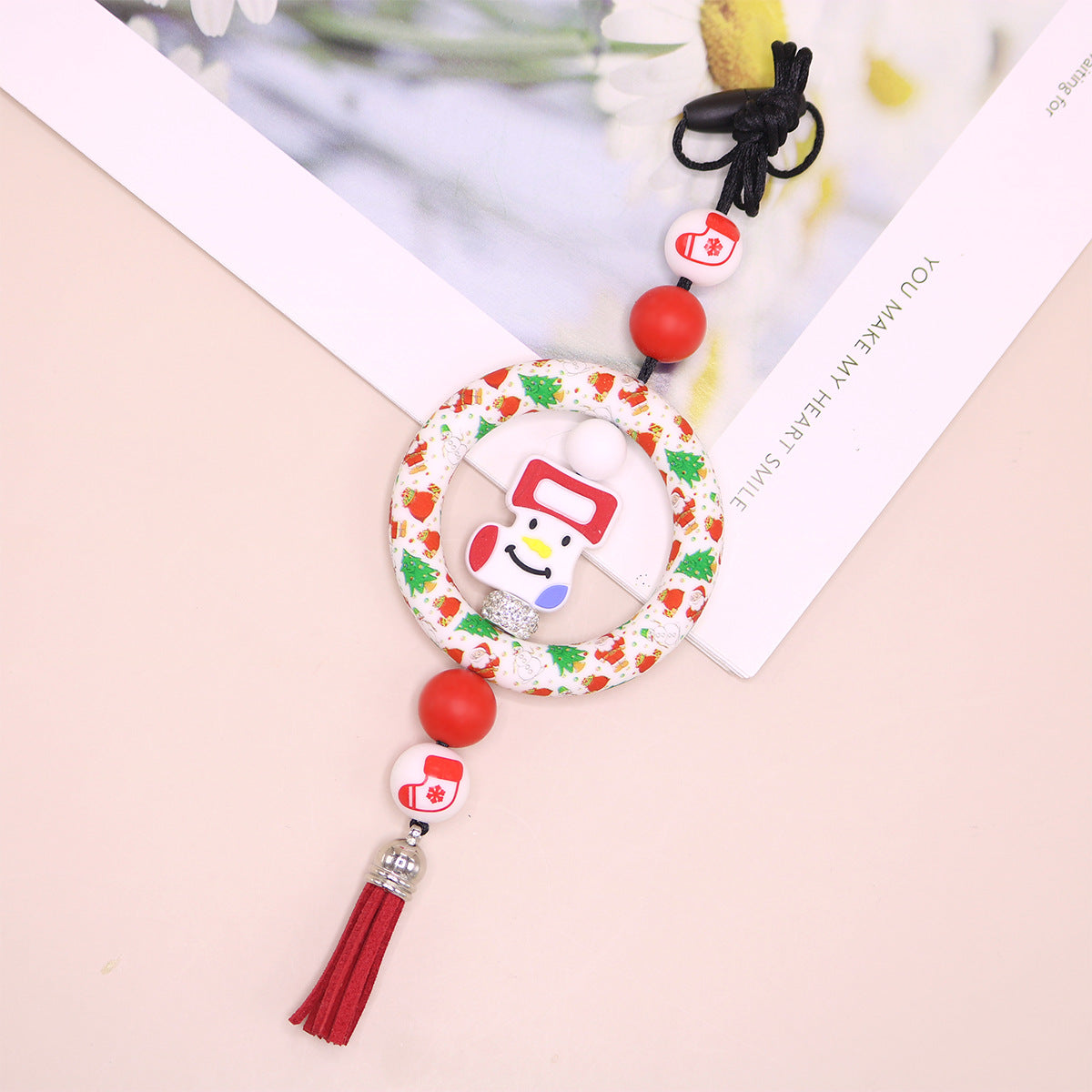 Wholesale Silicone Ring Keychain Christmas Cow Head Cross Flower Bead Pendant