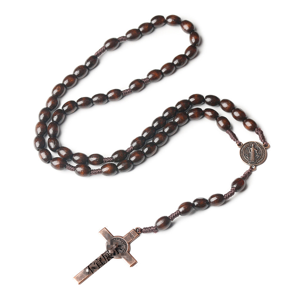 Wholesale Wooden Cross Braided Brown Rosary Necklace