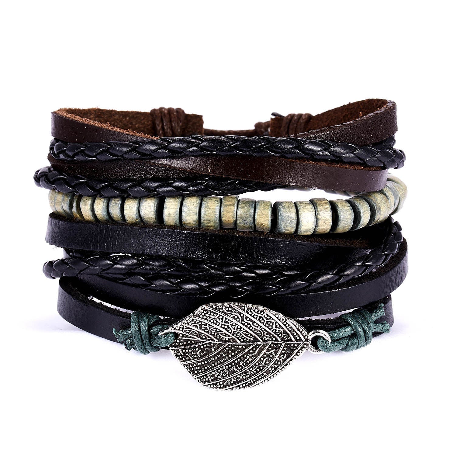 Wholesale leather suit bracelet leaves wooden beads woven leather adjustable suit bracelet