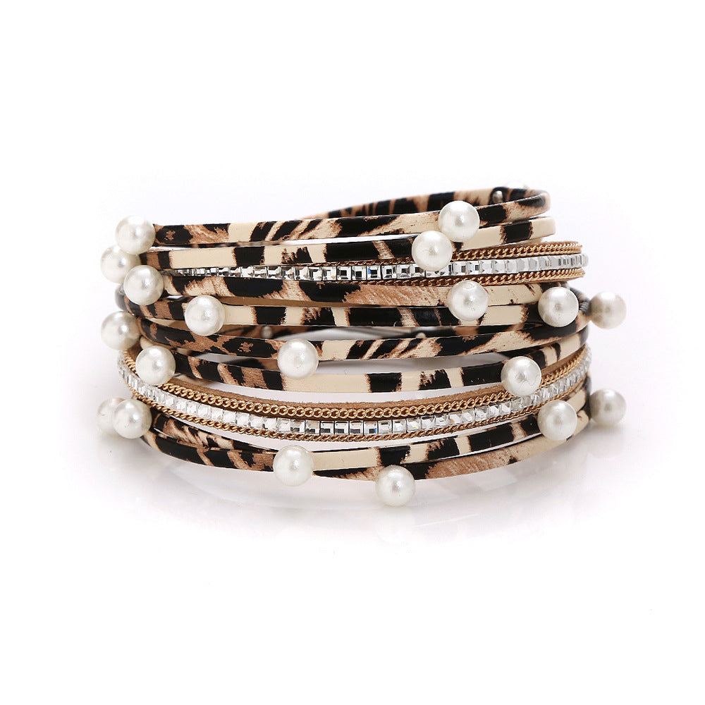 Wholesale Geometric Asymmetrical Inlaid Pearl Multi-Layered Leather Adjustable Bracelet