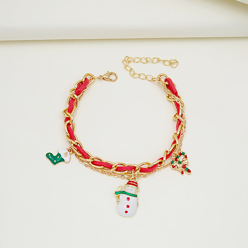 Wholesale Christmas Oil Drop Christmas Tree Snowman Cane Pendant Multi-layer Chain Bracelet