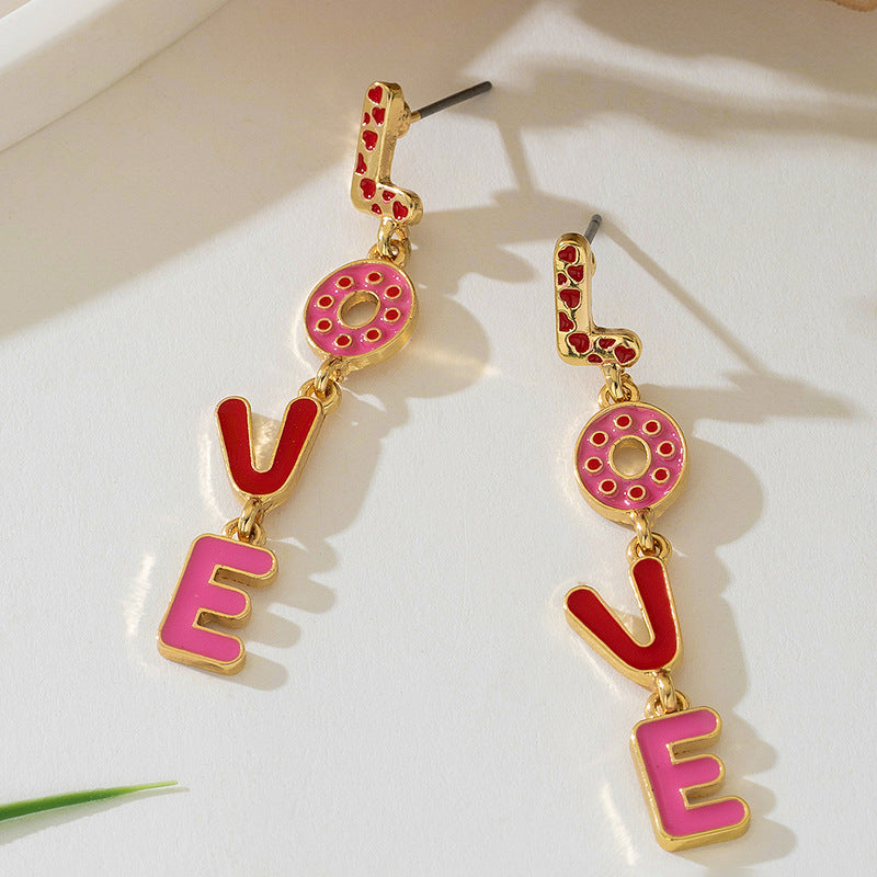 Wholesale Pink Dropping Oil Love English Letter Earrings Fashion Geometric Long Valentine's Day Love Earrings