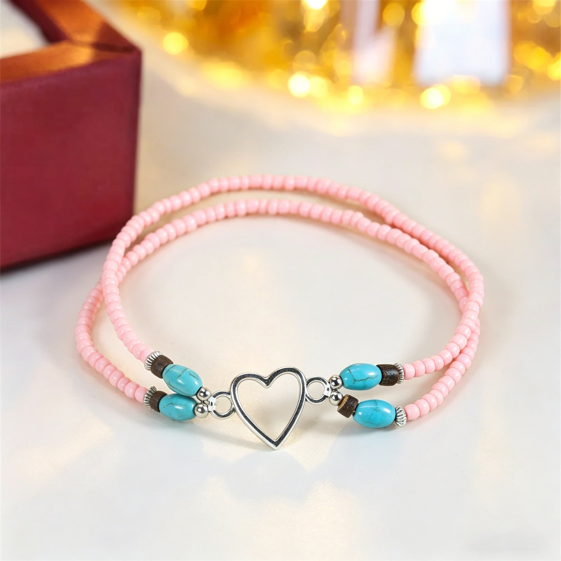 Wholesale Vacation Style Double Heart Beaded Elastic Ankle Bracelet Unisex Fashion Jewelry Accessory For Couples Gift And Boutique Resale