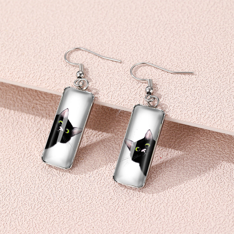 Wholesale Cat Time Gem Rectangular Glass Earrings