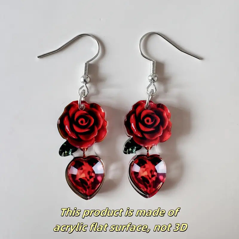 Wholesale Valentine' s Day Heart Red Rose Acrylic Earrings