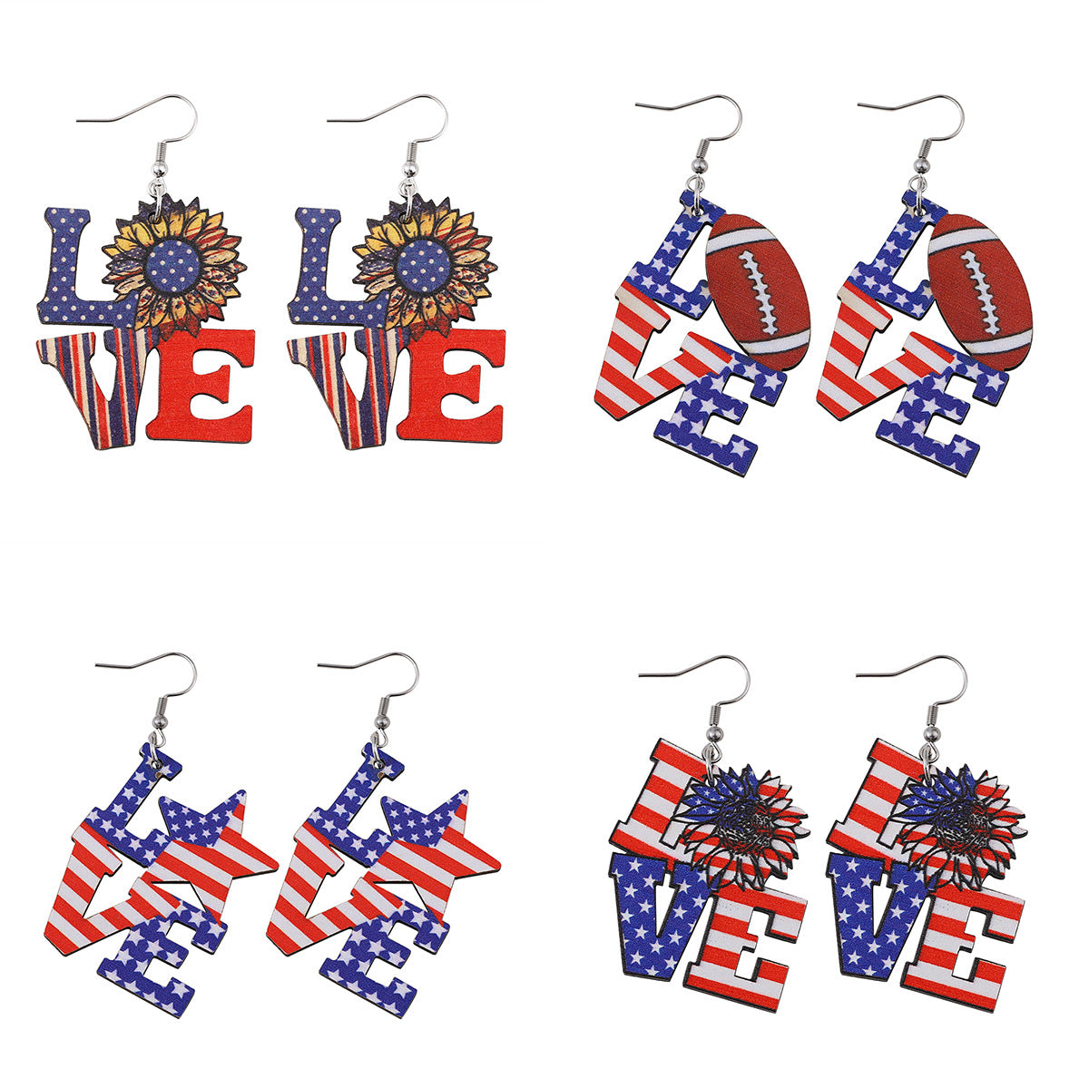 Wholesale American Independence Day Star Sunflower Wooden Double-Sided Earrings