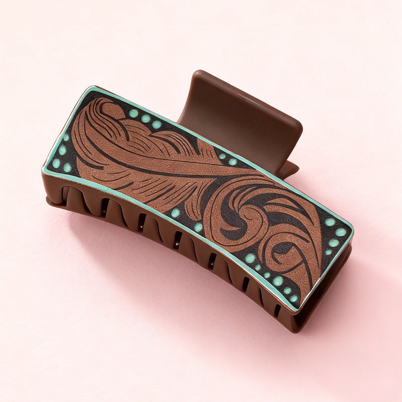 Wholesale Western Style Large Leather Hairpin Antique Carved Design Retro Hair Accessories Women' s Headwear Source Factory