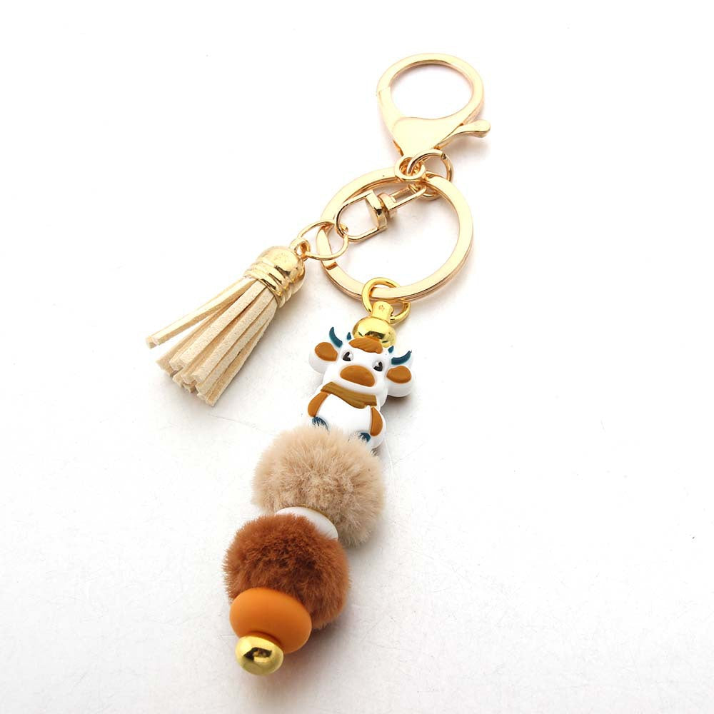 Wholesale Silicone Beads Wool Ball Beaded Cartoon Cow Keychain