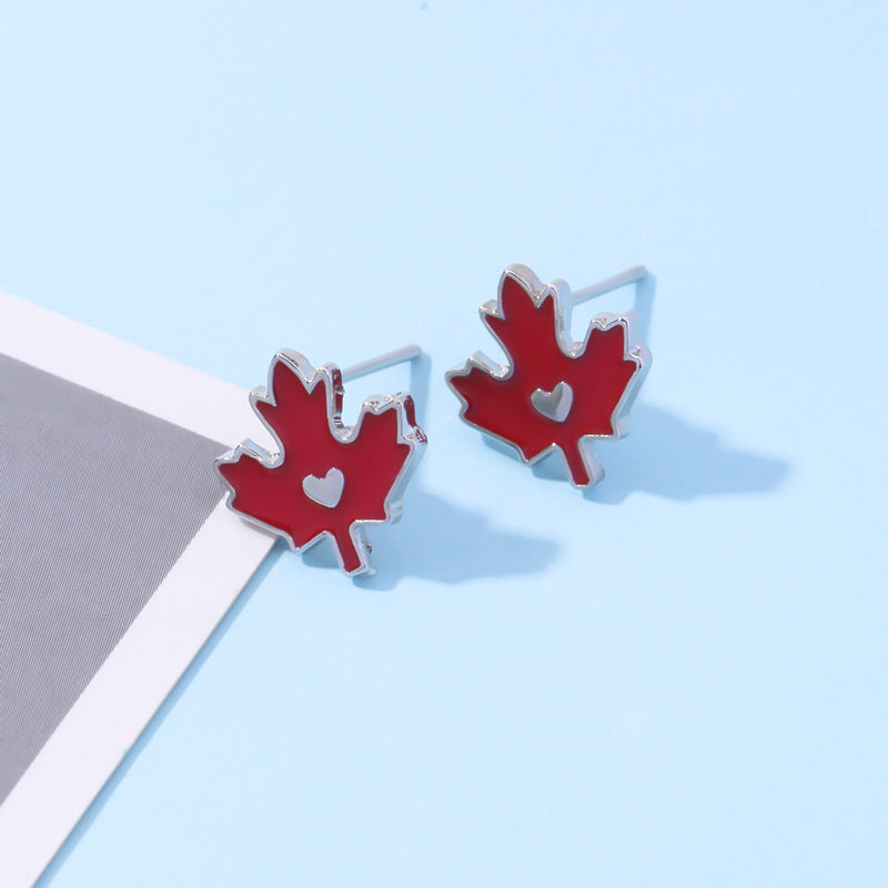 Wholesale New Canadian Flag Earrings Zinc Alloy Dripping Oil Red Maple Leaf Earrings