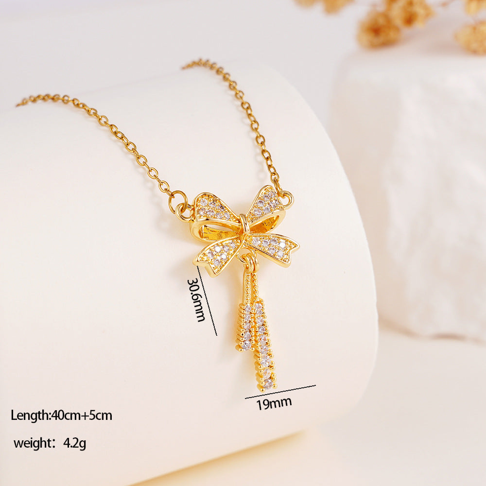 Wholesale Copper Inlaid Zircon Bow Pendant Luxury Versatile Stainless Steel Clavicle Necklace Jewelry